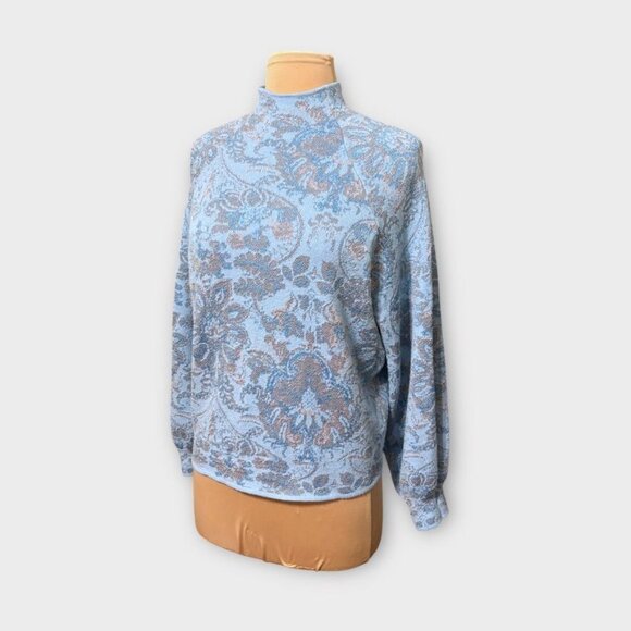 Anthropologie Mock-Neck Sweater Small Silver Metallic Blue Paisley Winter Retro - Picture 2 of 8